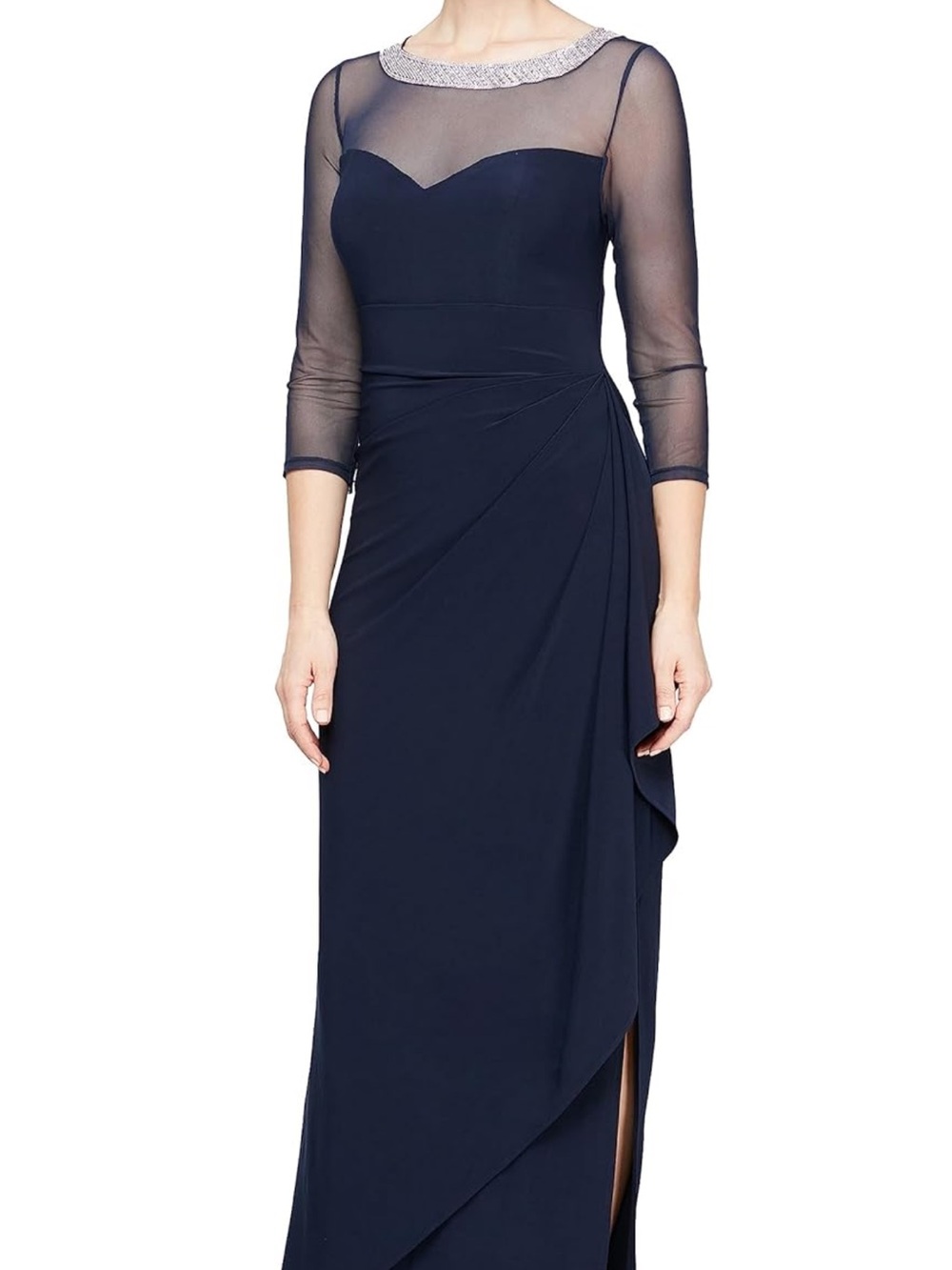 Elegant Navy Mesh-Sleeve Evening Dress